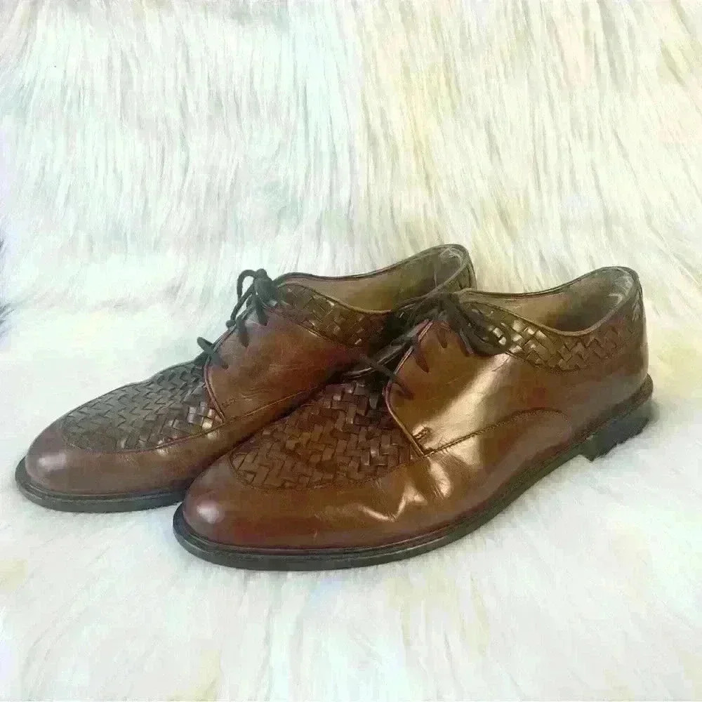 Bragano Cole Haan 10.5 Mens Brown Woven Leather Lace Up Shoes 9475 Italy